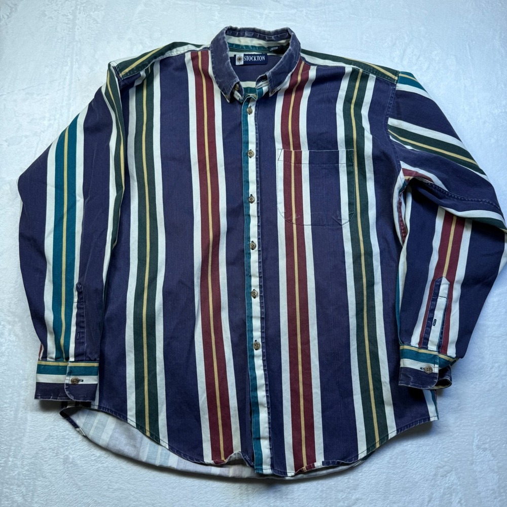 VTG 90s Stockton Vertical Stripe Button Down Preppy‎ Style Shirt Sz Lg